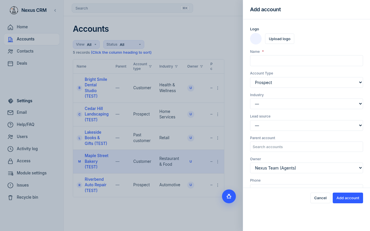 Add account panel