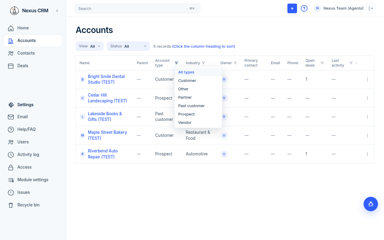 Column filter open on Account type