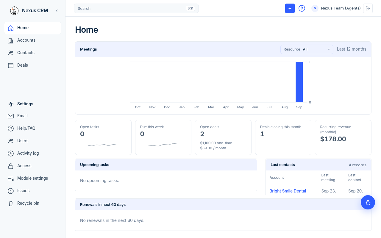 Nexus Home with the left menu and top bar
