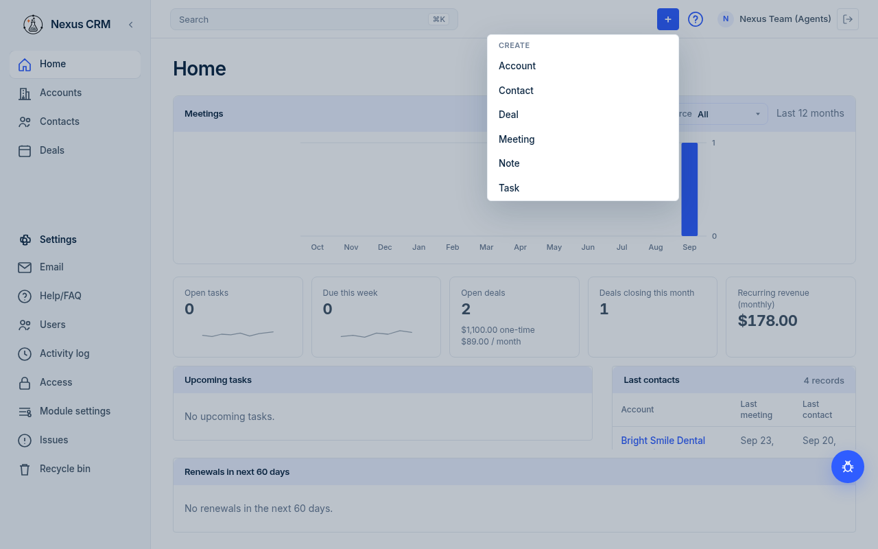 The Create menu