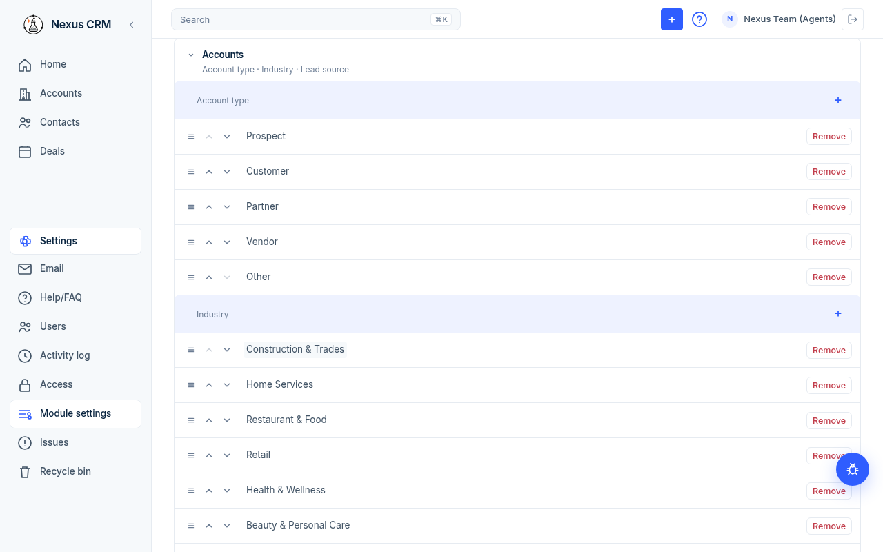 Module settings with the Accounts section open